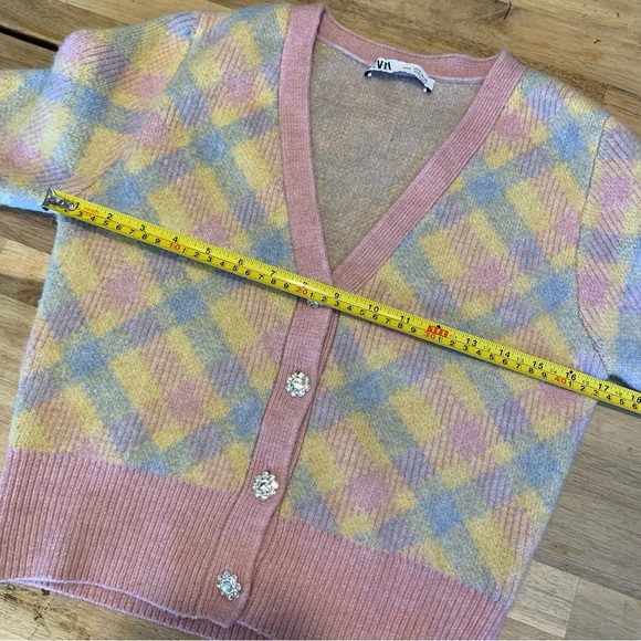 Zara Pink & Yellow Argyle Cardigan S - Picture 3 of 8